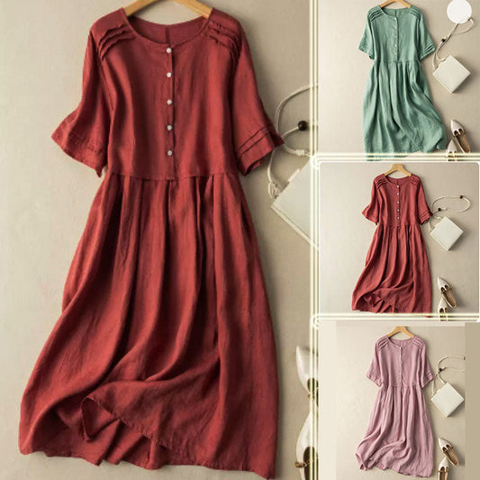 🔥Best Seller💘-Short Sleeve Cotton Linen Shirt Dress with Retro Style