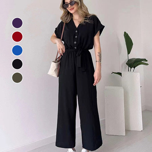 💖Limited Sale 50% OFF💖Women's V-Neck Short Sleeve Casual Jumpsuit