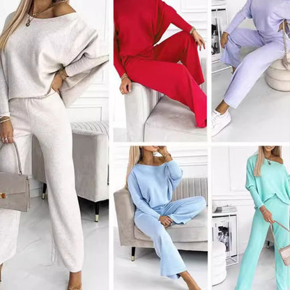 🍁Spring New Releases🍁Women's Solid Color Drop Shoulder Pullover and Loose Pants Set