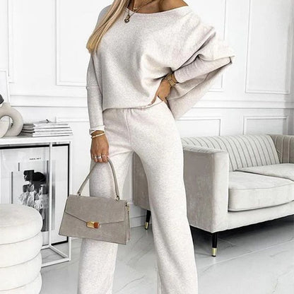 🍁Autumn New Releases🍁Women's Solid Color Drop Shoulder Pullover and Loose Pants Set