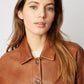 Women's Brown Buttoned Lapel Short PU Leather Jacket
