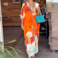 Lightweight long dress with half sleeves in floral print