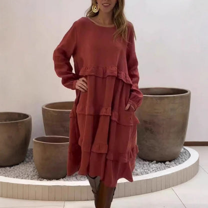 💖Women's Long Sleeve Round Neck Ruffle Dresses