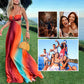 💥New Arrival✨Neon Sunset Printed Metal Decoration Cutout Back Tie-up Vacation Maxi Dress