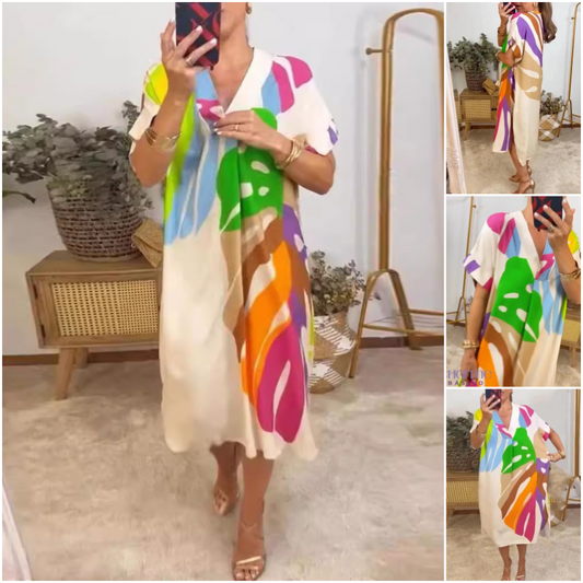 Women’s V-Neck Short Sleeves Printed Dress