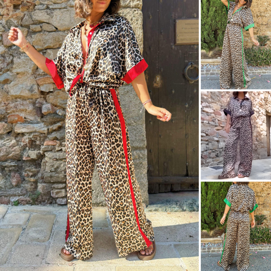 🌸Spring Hot Sale 50% OFF💐 Women's 2-Piece Leopard Print Outfit Button-Down Shirt & Wide-Leg Pants