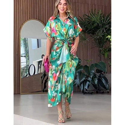 Women's Casual Print Button Shirt Dress with Irregular Lace-up