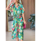 Women's Casual Print Button Shirt Dress with Irregular Lace-up