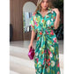 Women's Casual Print Button Shirt Dress with Irregular Lace-up