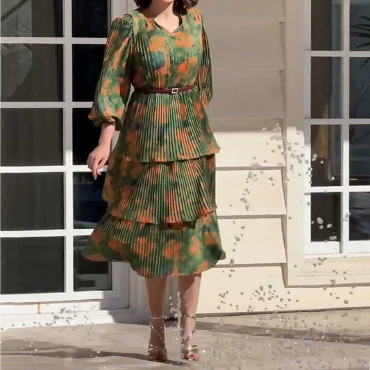 Women's Elegant Printed Flowy V-Neck Dresses