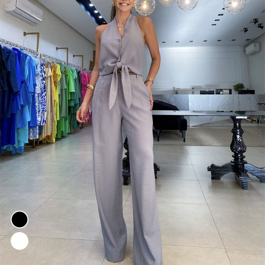 Women's 2-Piece Sleeveless Halter Top and High-Waist Wide-Leg Pants Set