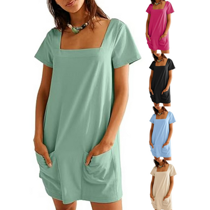 ✨ Square Neck Short Sleeve Pocket Dress | Limited Time Offer