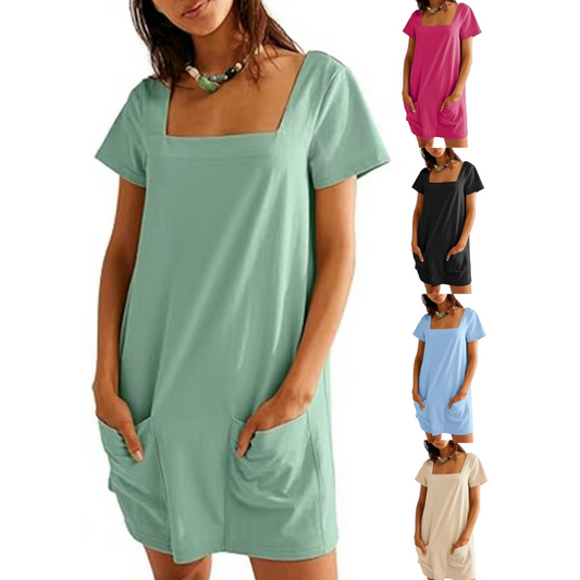 ✨ Square Neck Short Sleeve Pocket Dress | Limited Time Offer