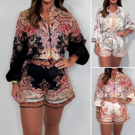 🌷Summer Hot Sale-50% Off🩵Fashion Prints Button Up Shirt Top & Belted Shorts Two Piece Set