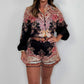 🌷Summer Hot Sale-50% Off🩵Fashion Prints Button Up Shirt Top & Belted Shorts Two Piece Set