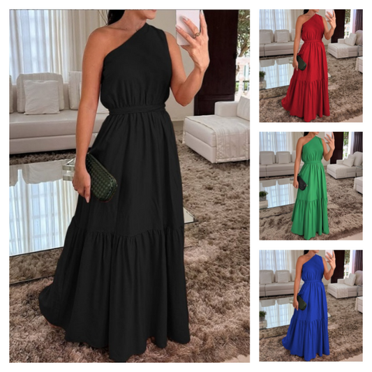 💖Summer New Arrivals 💐Specials⏰Stylish Solid Color One-Shoulder Ruched Waist Long Dress