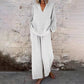 Casual Solid Color V-Neck Long Sleeve Top & Wide-Leg Pants Set