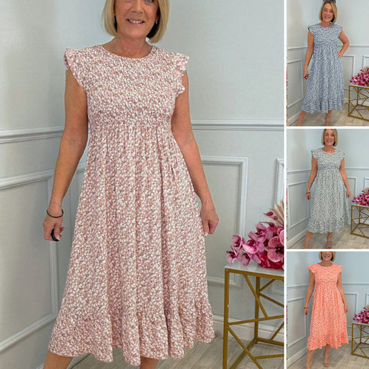 🎉Hot Promotion 48% OFF💃Women's Elegant Floral Print High-Waisted Ruffle Cap Sleeve Dress