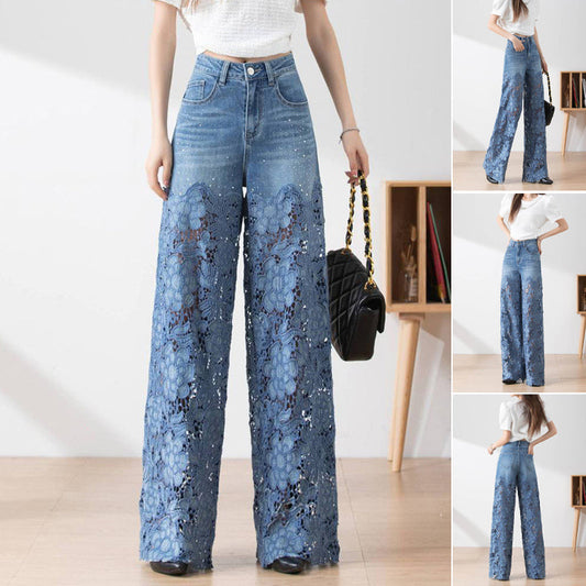 🔥BIG SALE💷Best Price 49% OFF🔥Women's High-Waisted Blue Denim Wide-Leg Pants with Cut-Out Lace Panels